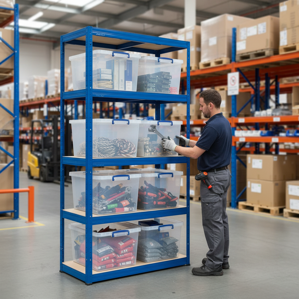 Heavy Duty Shelving Unit - 1800mm High with 8x 33.5L Storage Boxes - Side view