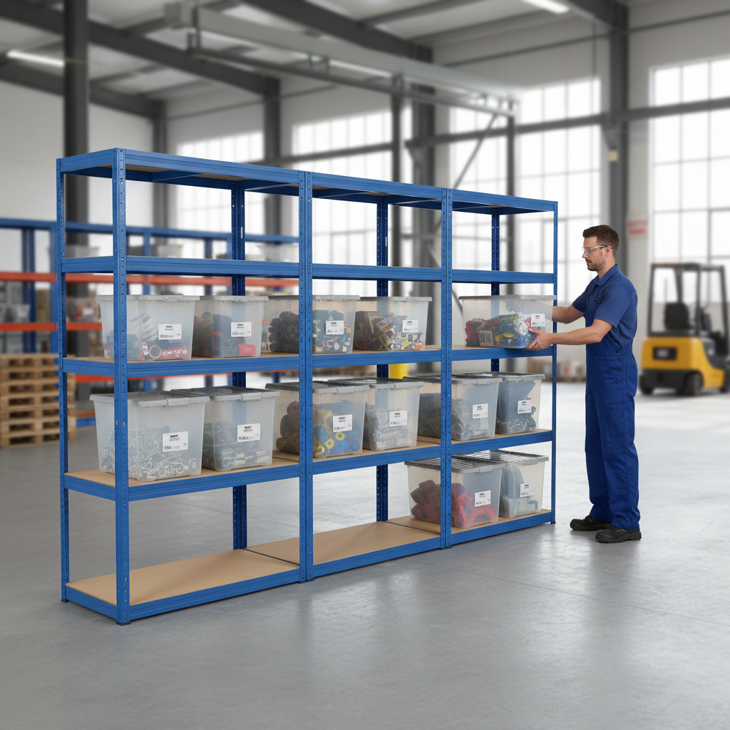 4x Heavy Duty Shelving Units - 1800mm High - Blue with 12x 60L Plastic Storage Boxes - Front view