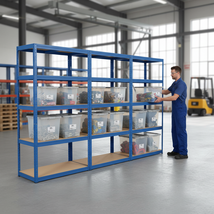 4x Heavy Duty Shelving Units - 1800mm High - Blue with 12x 60L Plastic Storage Boxes - Front view