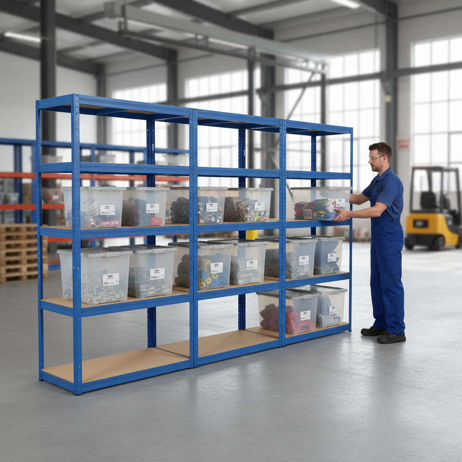 4x Heavy Duty Shelving Units - 1800mm High - Blue with 12x 60L Plastic Storage Boxes - Front view