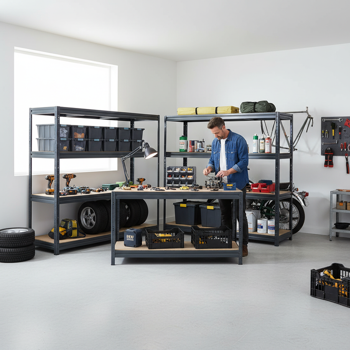 2x Heavy Duty Industrial Shelving - 1770mm High & 1x Professional Workbench - 1600mm Wide - Grey - Side view