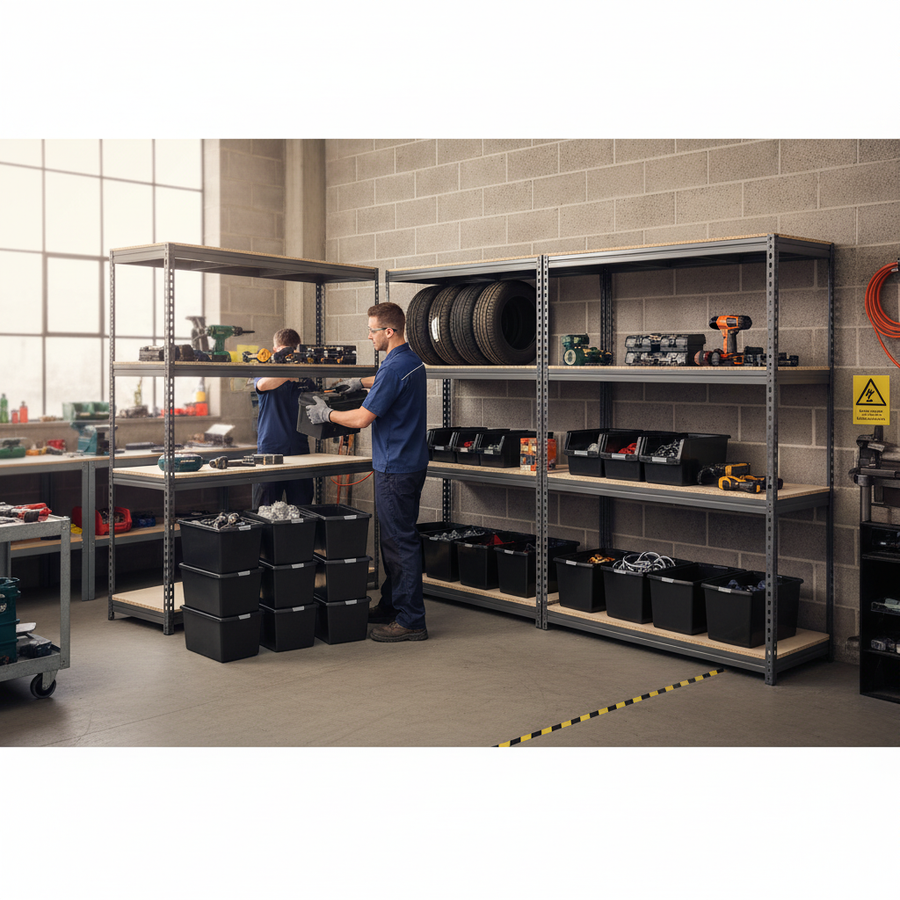 3x Premium Heavy Duty Shelving - 2200mm High - Grey with 12x 62L Plastic Storage Boxes - Front view