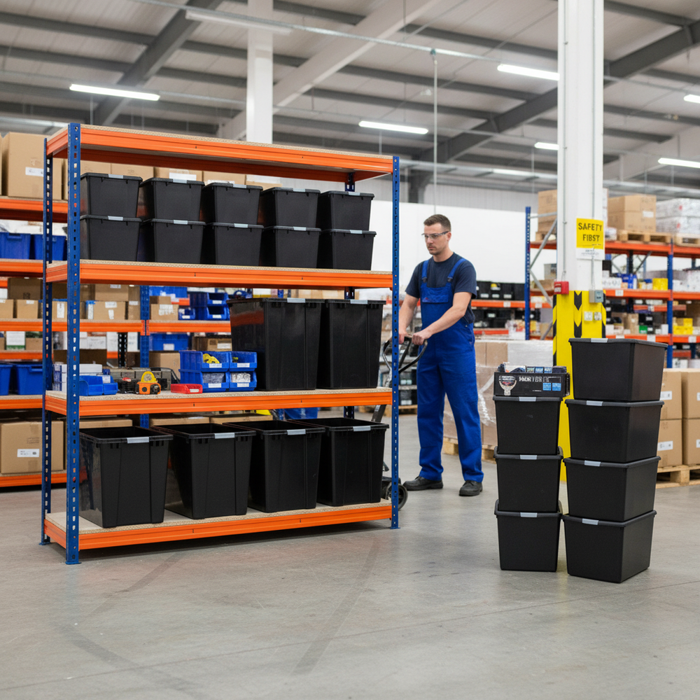 2x Heavy Duty Shelving - 2200mm High - Blue & Orange with 8x 62L Plastic Storage Boxes - Side view