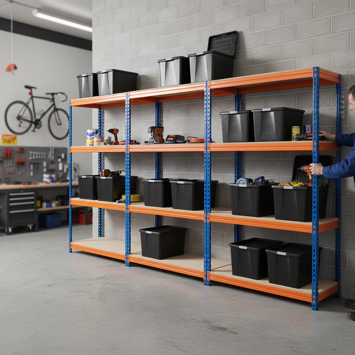 3x Heavy Duty Shelving - 1800mm High - Blue & Orange with 8x 62L Plastic Storage Boxes - Side view