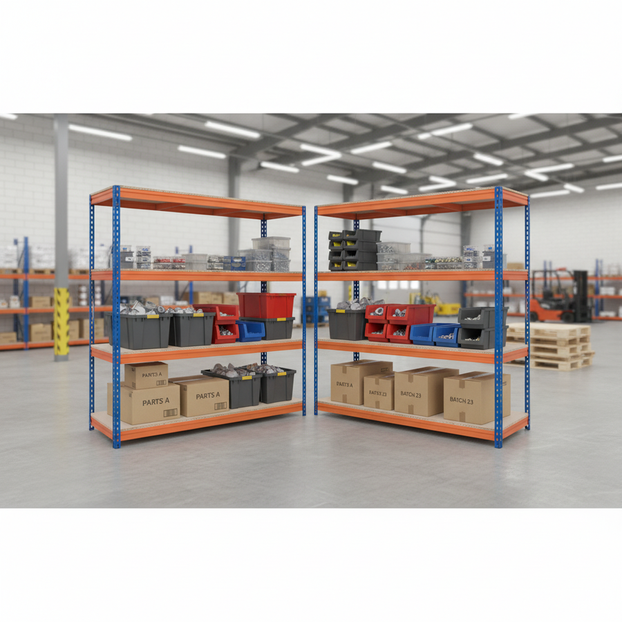 4x Heavy Duty Industrial Shelving - 1600mm High - 500kg Capacity - Blue & Orange - Front view