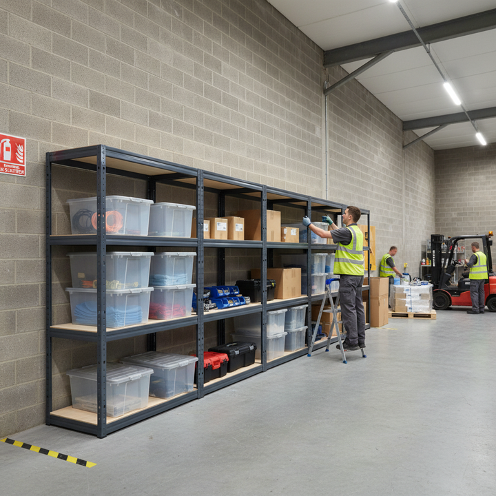4x Premium Shelving Units - 1600mm High - Grey with 12x 60L Plastic Storage Boxes - Side view