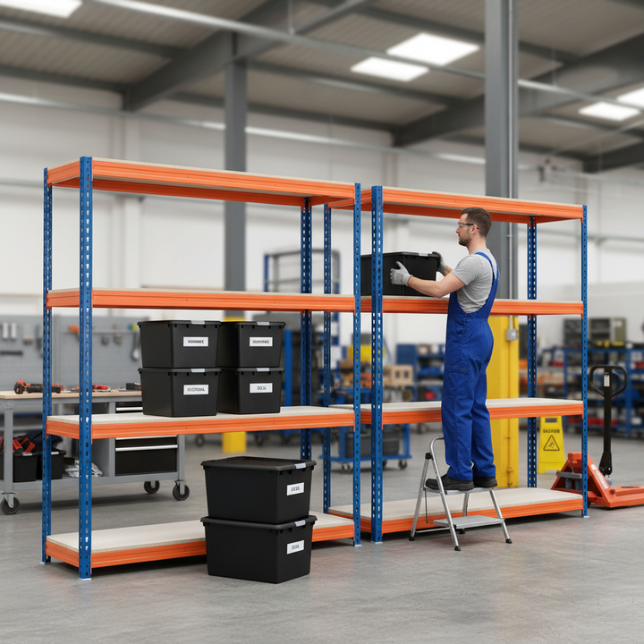 2x Heavy Duty Shelving - 1600mm High - Blue & Orange with 12x 62L Storage Boxes - Front view