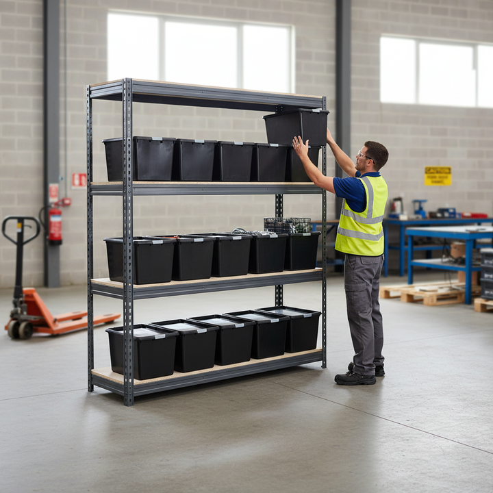 Heavy Duty Shelving with 12x 37L Storage Boxes - 2200mm High - Grey - Front view