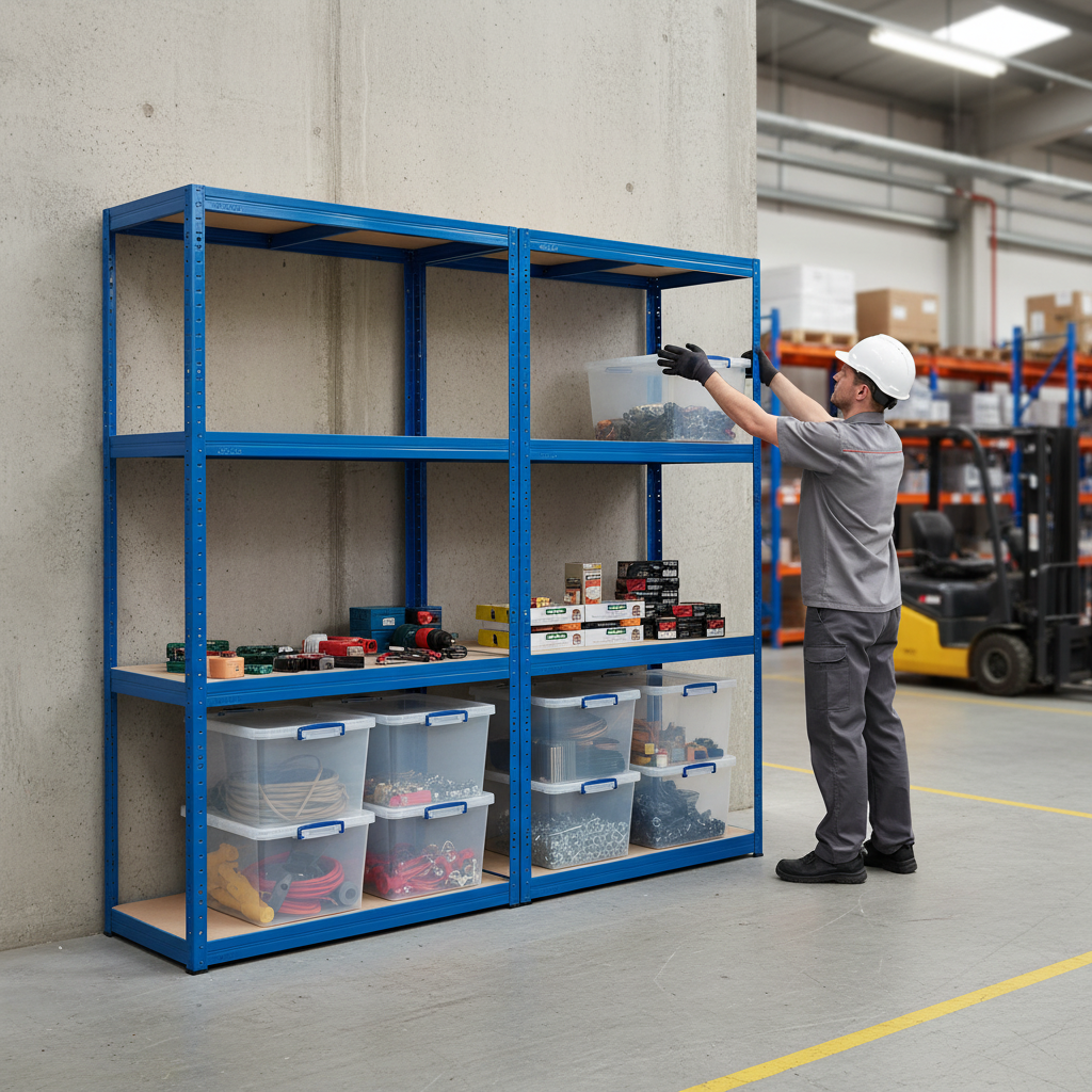 Premium 2x Shelving Units - 1600mm High with 8x 33.5L Storage Boxes - Side view