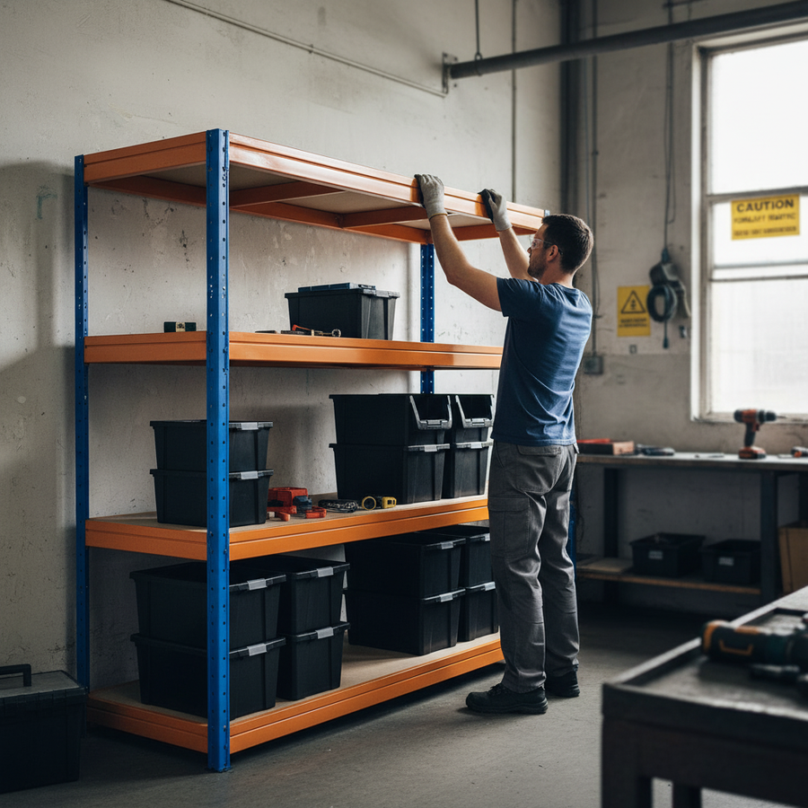 4x Premium Heavy Duty Shelving - 1770mm High - Blue & Orange with 8x 37L Plastic Storage Boxes - Front view