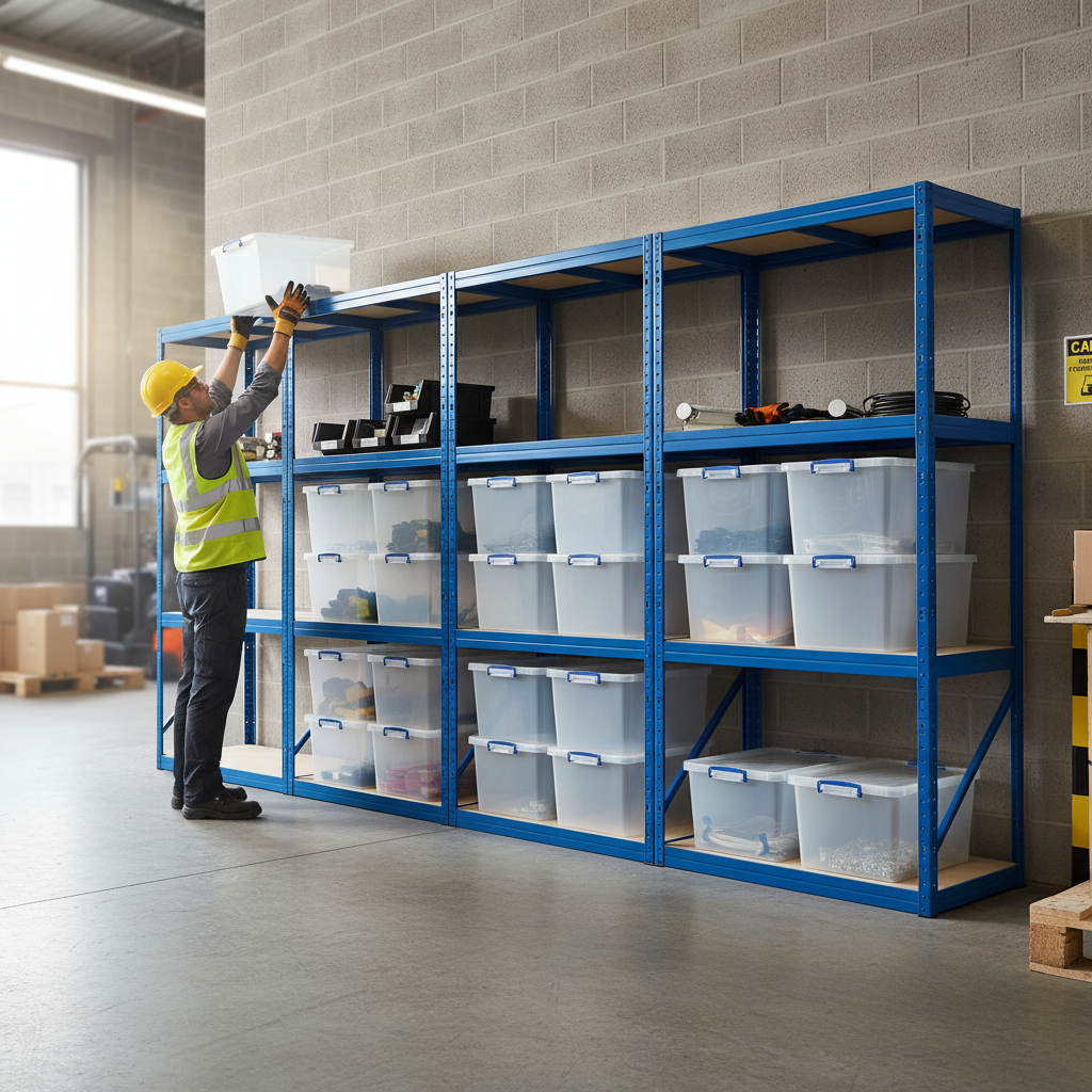 3x Heavy Duty Shelving Units - 1600mm High - Blue with 12x 33.5L Storage Boxes - Front view