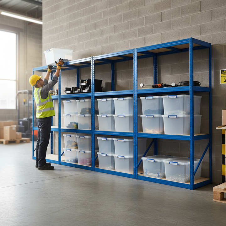3x Heavy Duty Shelving Units - 1600mm High - Blue with 12x 33.5L Storage Boxes - Front view