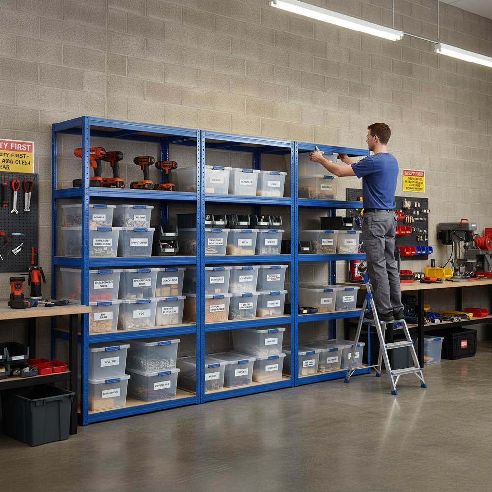 4x Heavy Duty Shelving Units - 2130mm High - Blue with 12x 33.5L Storage Boxes - Side view