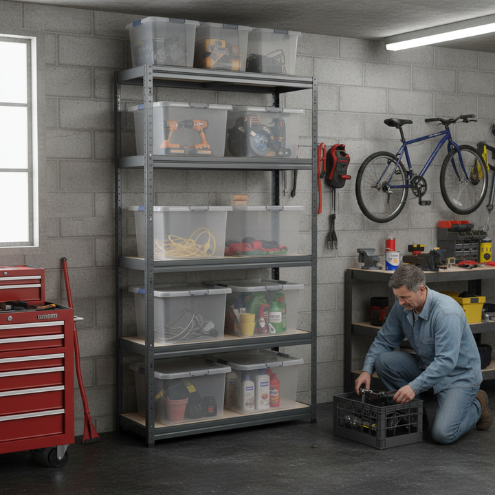 Premium 1800mm High Shelving Unit with 8x 60L Plastic Storage Boxes - Side view