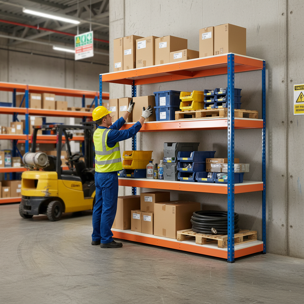 Premium Heavy Duty Industrial Shelving - 1677mm High - 400kg Capacity - Melamine - Blue & Orange - Side view