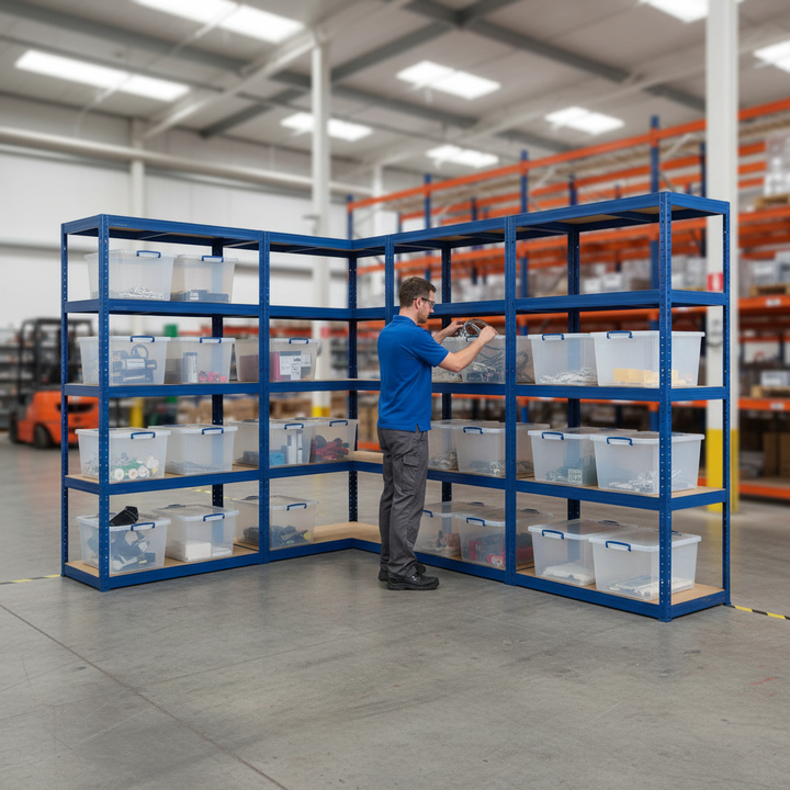 3x Heavy Duty Shelving Units - 1800mm High - Blue with 12x 33.5L Storage Boxes - Side view
