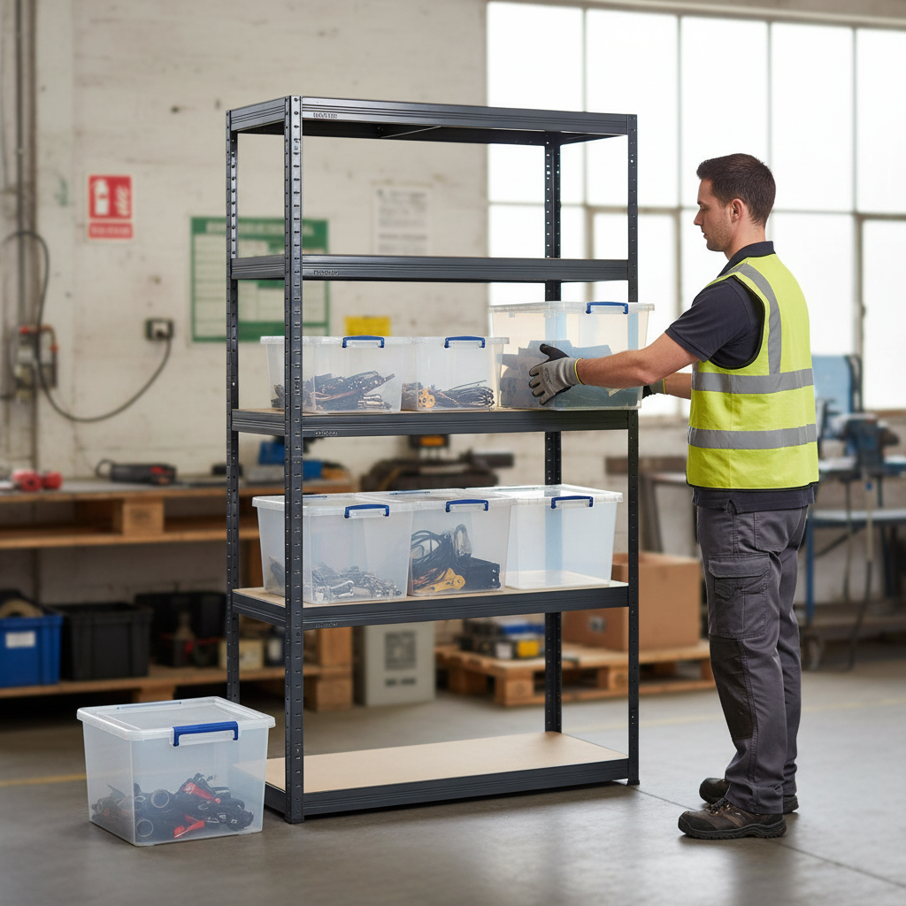 Premium 1800mm High Shelving Unit with 12x 33.5L Storage Boxes - Front view