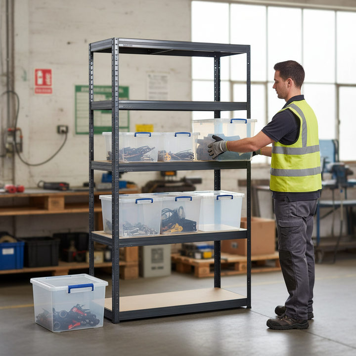 Premium 1800mm High Shelving Unit with 12x 33.5L Storage Boxes - Front view