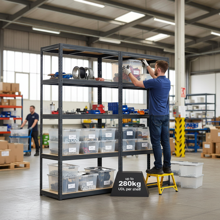 Premium 2x Shelving Units - 2130mm High - Grey with 8x 60L Plastic Storage Boxes - Front view