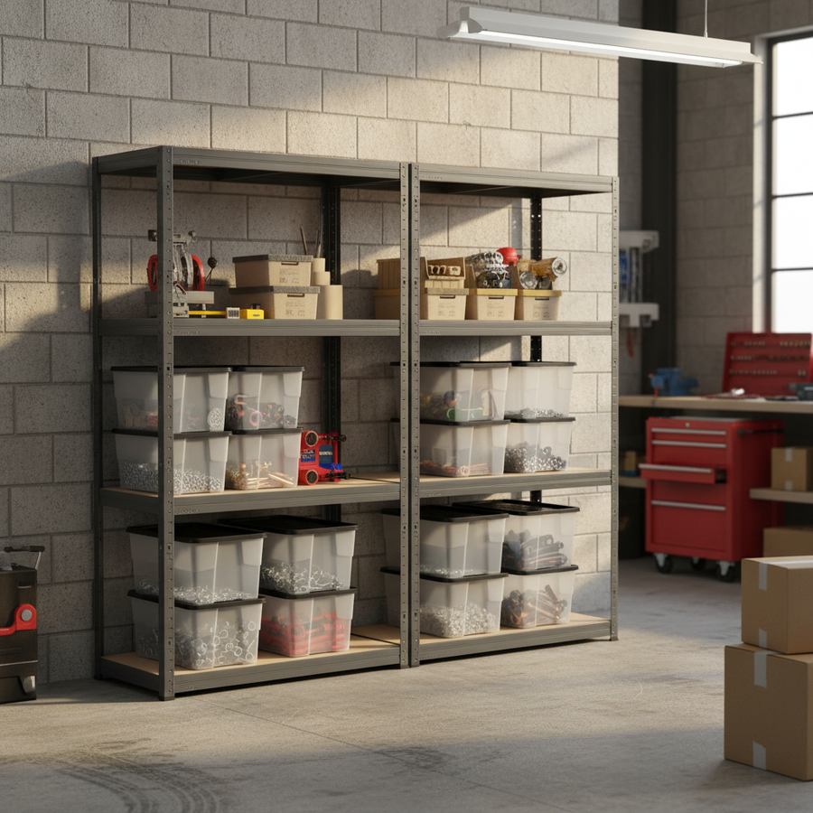 Heavy Duty Shelving Units with 12x 24L Plastic Storage Boxes - 1600mm High - Front view