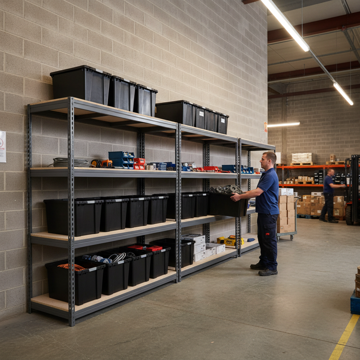 4x Premium Heavy Duty Shelving - 1600mm High - Grey with 8x 37L Plastic Storage Boxes - Side view