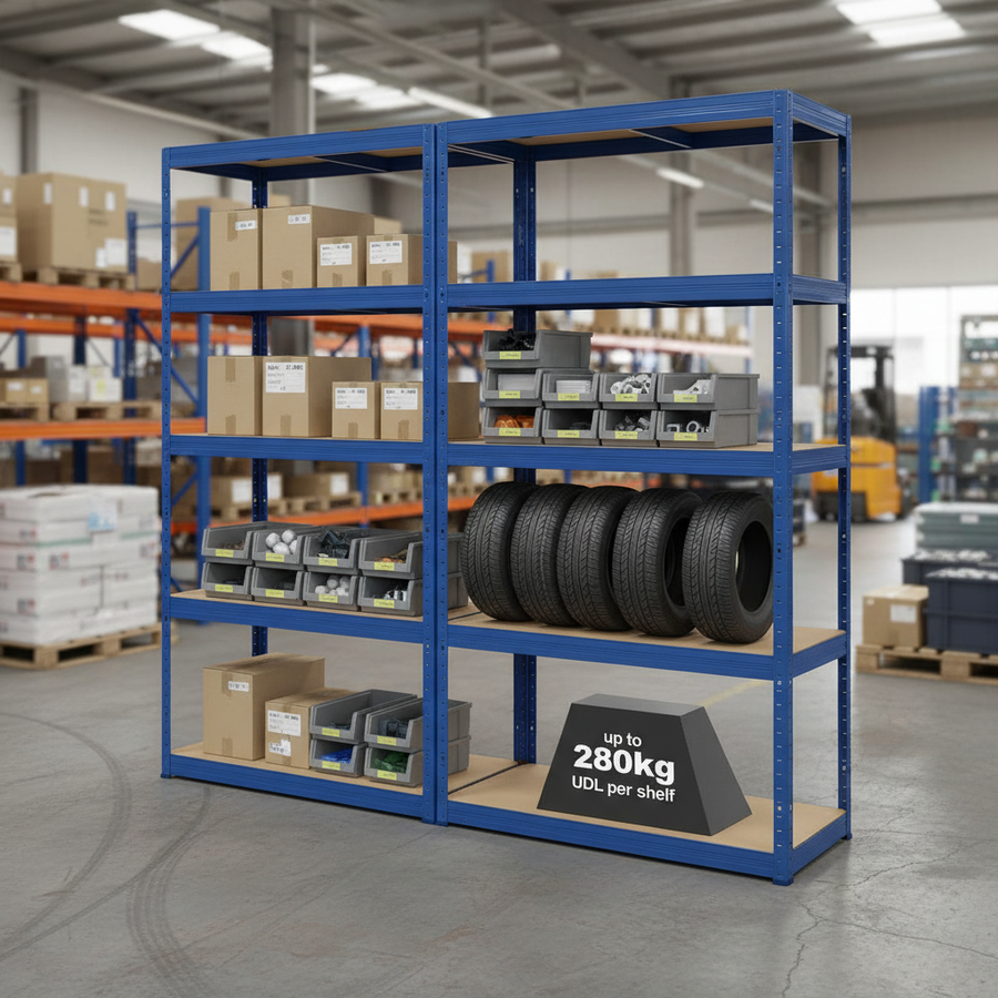 Premium Industrial Shelving - 1800mm High - 200/280kg Capacity - Blue - Front view