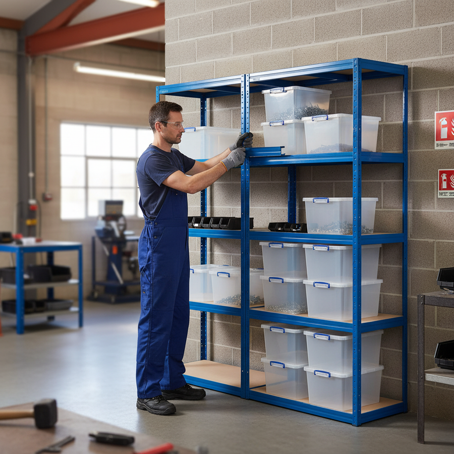 Premium 2x Shelving Units - 1600mm High - Blue with 12x 33.5L Storage Boxes - Front view