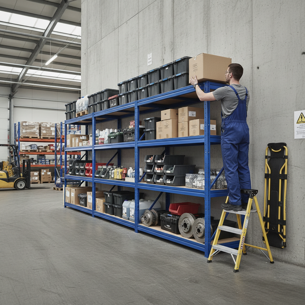 Premium Heavy Duty Garage Shelving - 1770mm High - 600kg Capacity - Blue - Side view