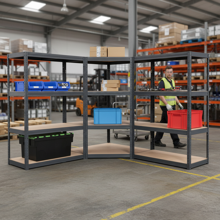 3x Heavy Duty Corner Shelving - 1600mm High - 200/280kg Capacity - Grey - Side view