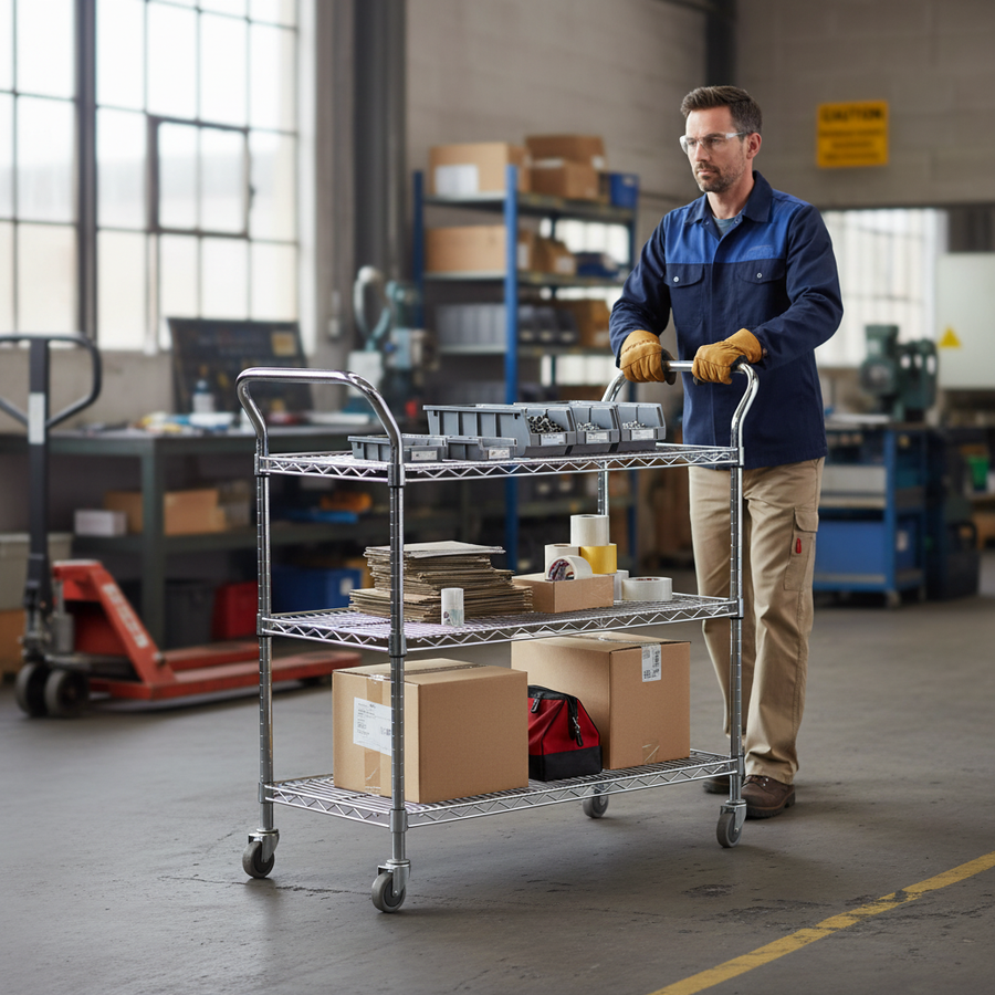 Premium Chrome General Purpose Trolley - 3 Levels with Adjustable Shelves - Front view