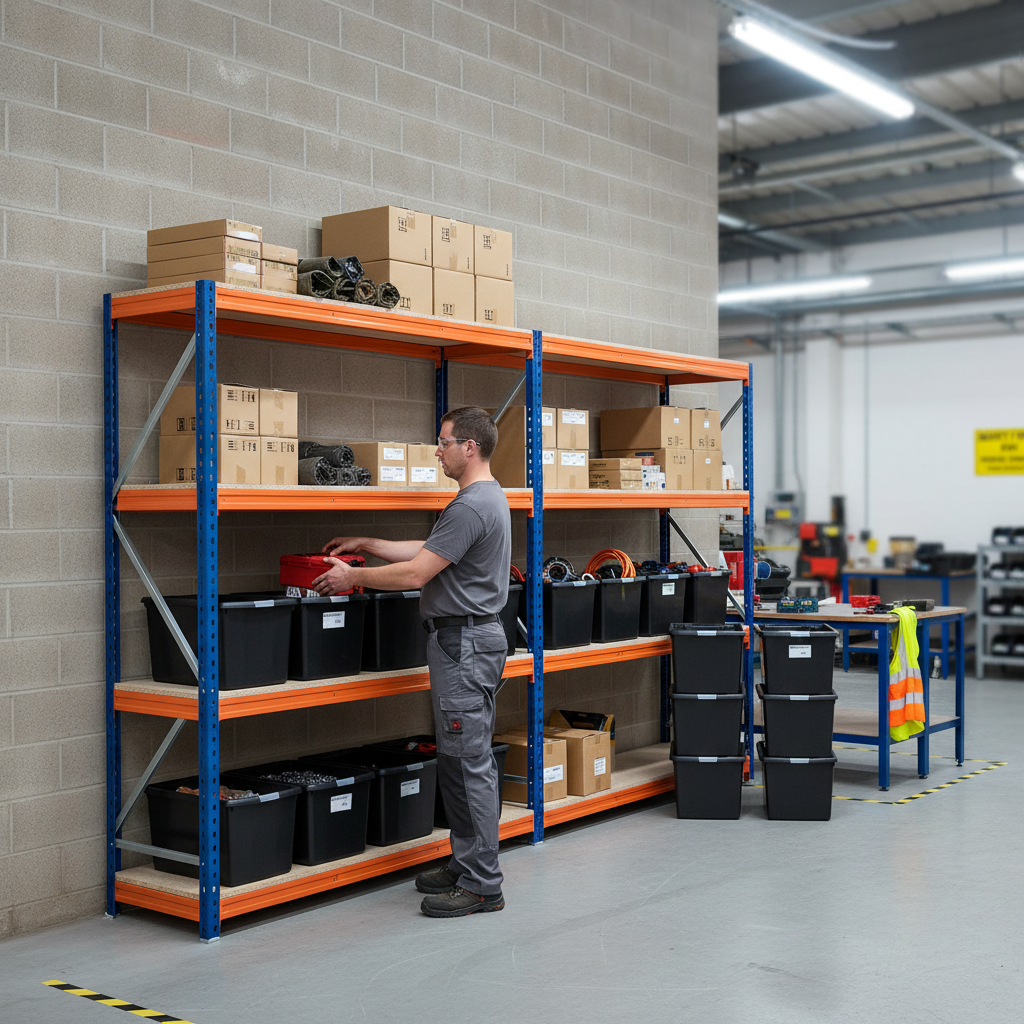 2x Premium Heavy Duty Shelving - 1800mm High - Blue & Orange with 8x 62L Plastic Storage Boxes - Front view