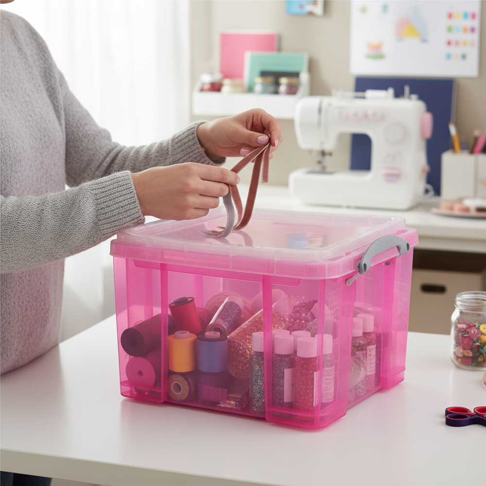 35L Premium Stackable Storage Box - Transparent Pink - Side view