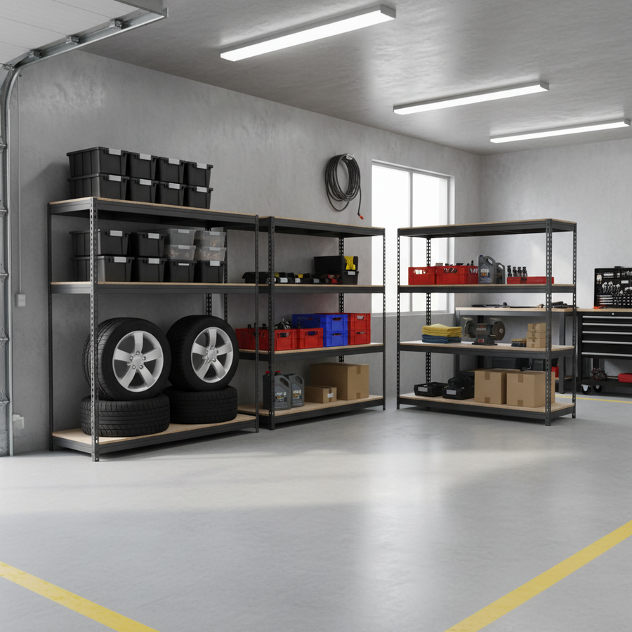 4x Premium Heavy Duty Garage Shelving - 1600mm High - 500kg Capacity - Grey - Front view