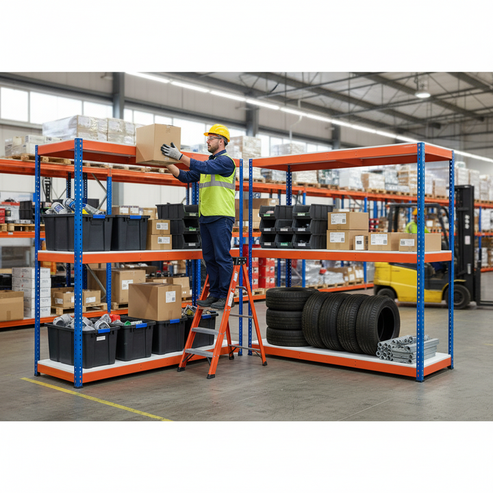 Heavy Duty Industrial Shelving - 1980mm High - 400kg Capacity - Blue & Orange - Side view