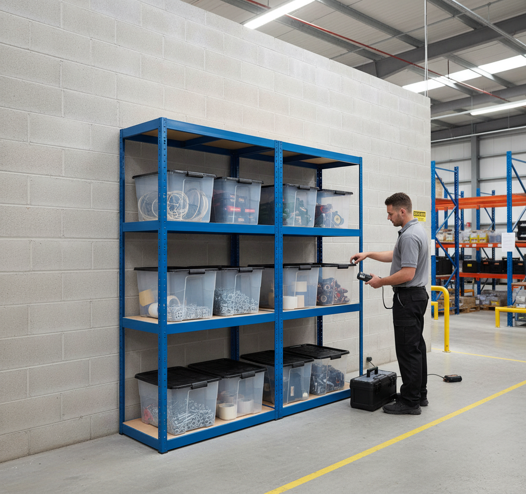 2x Heavy Duty Shelving Units - 1600mm High - Blue with 8x 24L Plastic Storage Boxes - Side view