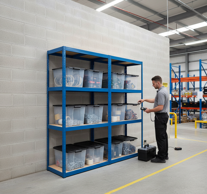 2x Heavy Duty Shelving Units - 1600mm High - Blue with 8x 24L Plastic Storage Boxes - Side view