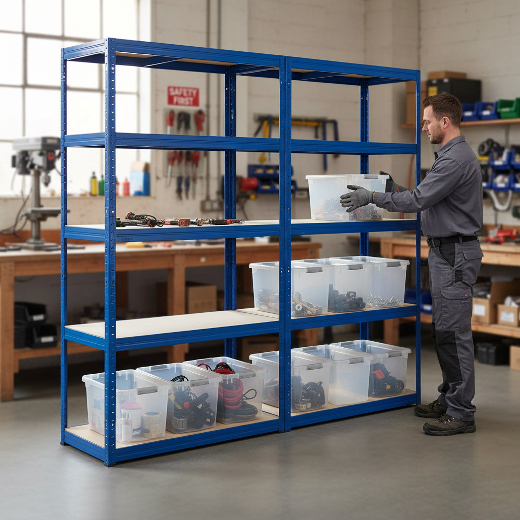 Premium 2x Shelving Units with 12x 60L Plastic Storage Boxes - 2130mm High - Front view