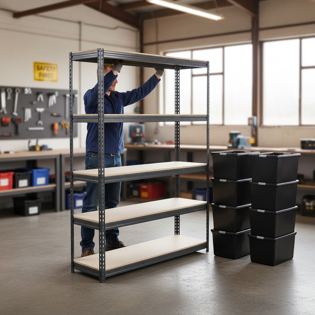 Premium Heavy Duty Shelving with 12x 62L Plastic Storage Boxes - 1600mm High - Grey - Front view