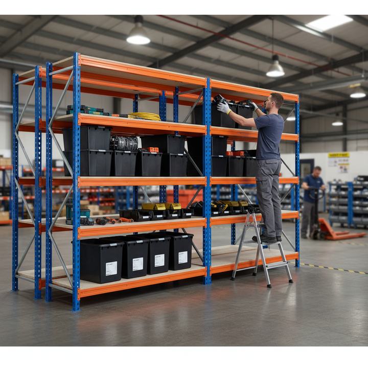 2x Heavy Duty Shelving Units - 2000mm High with 12x 62L Plastic Storage Boxes - Front view