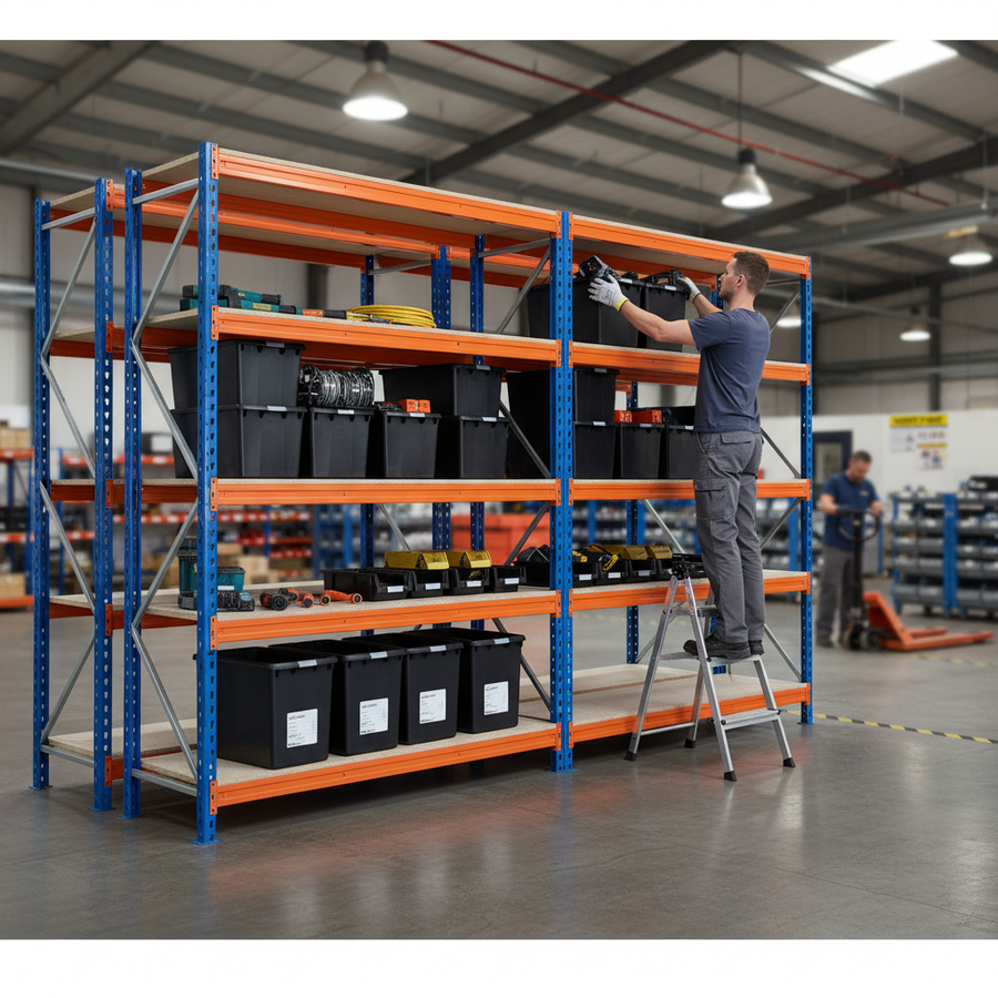 2x Heavy Duty Shelving Units - 2000mm High with 12x 62L Plastic Storage Boxes - Front view