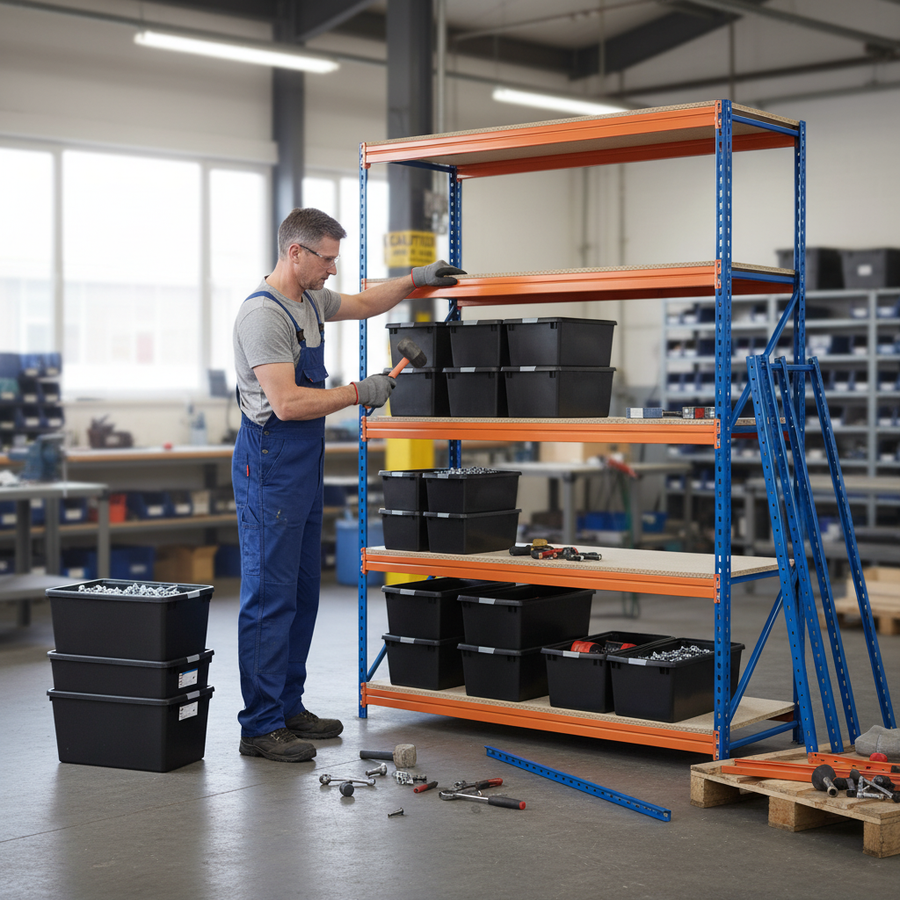 4x Heavy Duty Shelving Units - 1800mm High with 12x 37L Storage Boxes - Front view