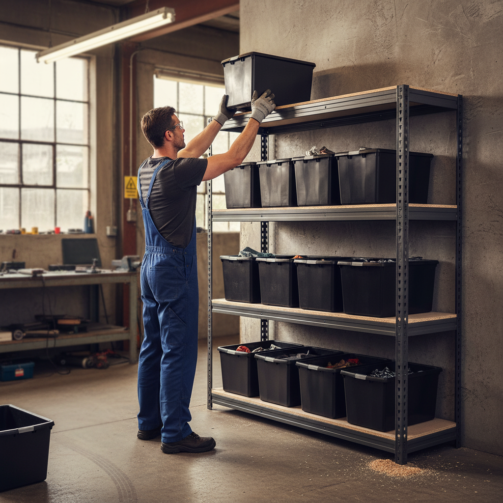 Premium Heavy Duty Shelving - 2200mm High - Grey with 8x 62L Plastic Storage Boxes - Front view