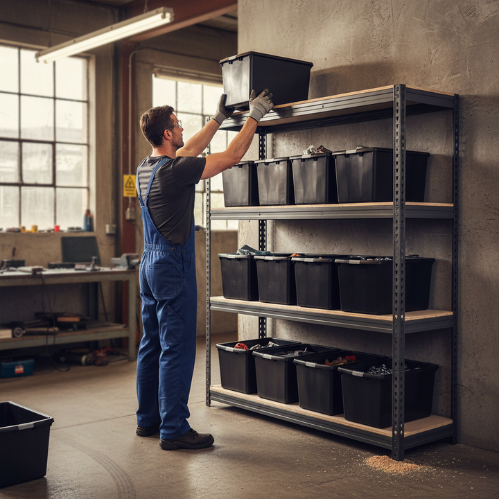 Premium Heavy Duty Shelving - 2200mm High - Grey with 8x 62L Plastic Storage Boxes - Front view