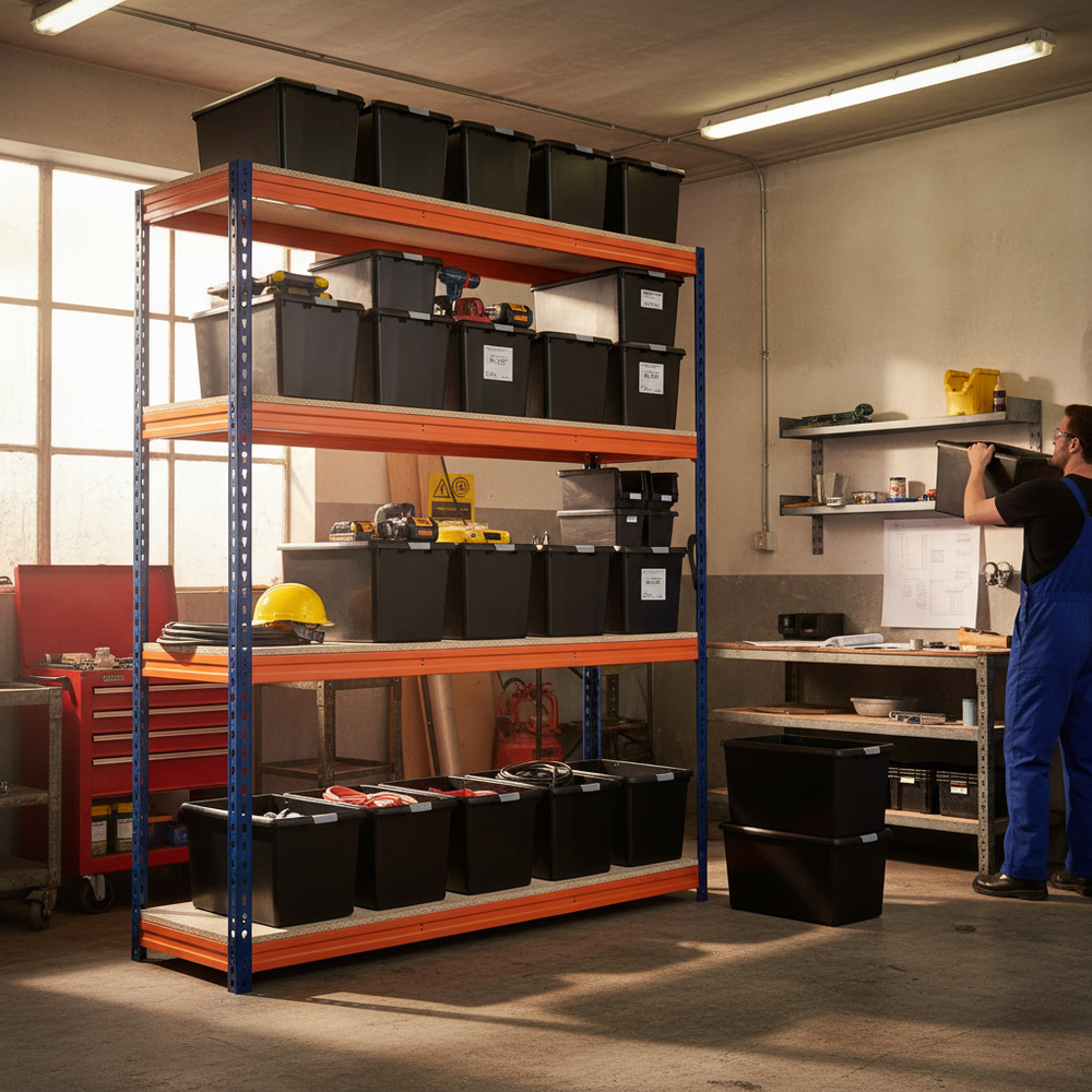 Heavy Duty Shelving with 12x 62L Storage Boxes - 1800mm High - Blue & Orange - Side view