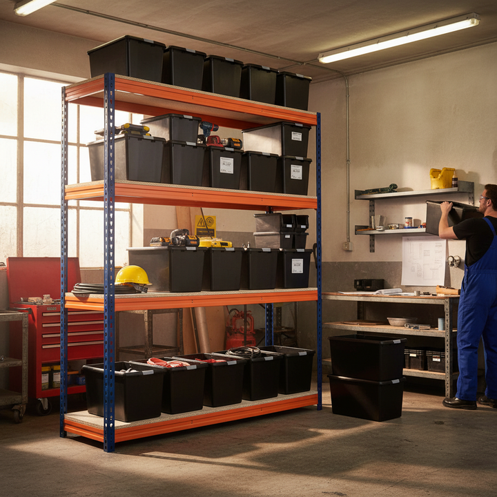 Heavy Duty Shelving with 12x 62L Storage Boxes - 1800mm High - Blue & Orange - Side view