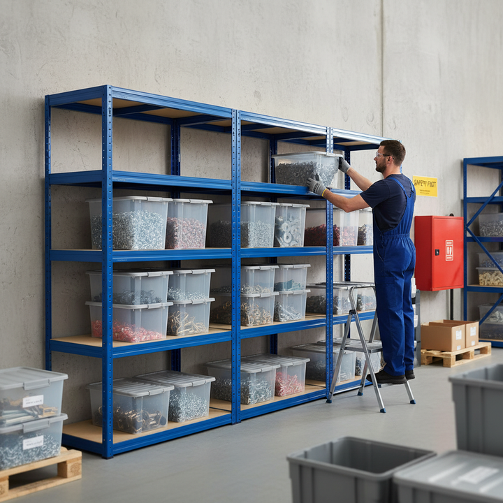 Premium 3x Shelving Units - 1800mm High - Blue with 10x 37L Storage Boxes - Front view