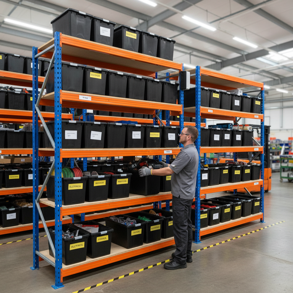 2x Premium Heavy Duty Shelving - 1800mm High with 12x 37L Plastic Storage Boxes - Side view