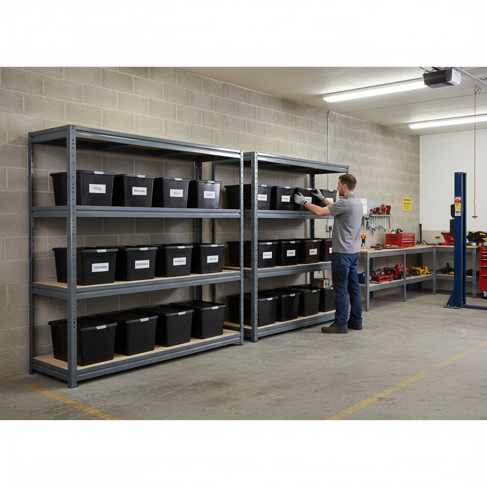 2x Heavy Duty Shelving - 1770mm High - Grey with 12x 37L Plastic Storage Boxes - Side view