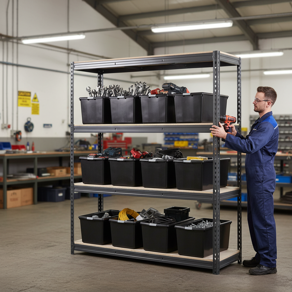 Heavy Duty Shelving with 12x 62L Plastic Storage Boxes - 1800mm High - Grey - Side view