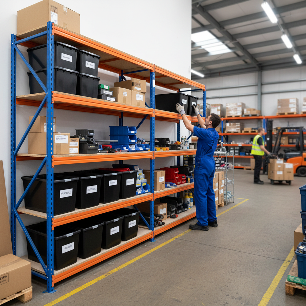 3x Heavy Duty Shelving - 2000mm High - Blue & Orange with 12x 62L Plastic Storage Boxes - Side view